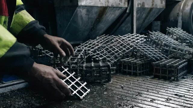 Medium shot of hands sorting used battery grids on a conveyor belt in a lead smelting facility showcasing detailed recycling and material preparation processes