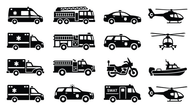 Emergency response and rescue vehicle premium flat black vector icon set featuring ambulance, fire truck, police car and helicopter transport symbols