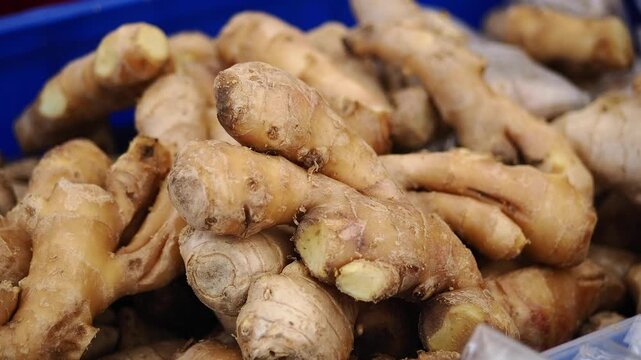 Ginger root displayed at the market for sale