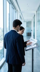 Fototapeta premium Colleagues Reviewing Important Documents Together In Bright Modern Office Corridor