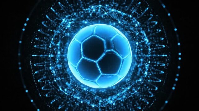 Dynamic futuristic soccer ball morphing with glowing digital network patterns in deep 4k video