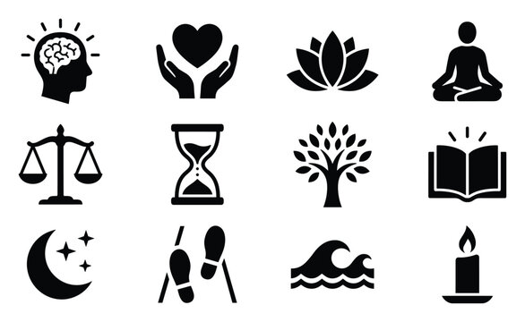 Spiritual wellness and mindfulness premium flat black vector icon set featuring meditation, balance scale, tree of life and inner peace symbols for holistic branding