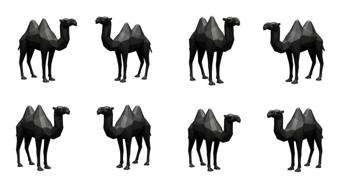 eight stylized black camels facing each other on a white background design advertising or educational media