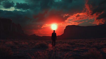 Fototapeta premium Silhouette of person standing in a vast landscape during a dramatic sunset