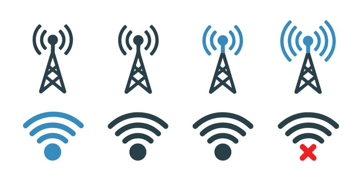 Wireless internet connection signal bars and cellular network antenna towers vector design set.