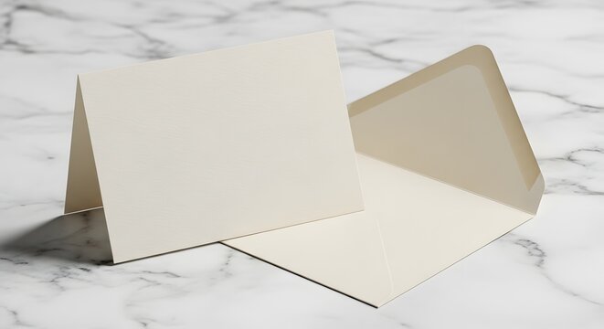 Blank folded greeting card with matching envelope on marble background
