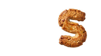 Obraz premium Crunchy golden brown cookie letter S, sweet alphabet biscuit with textured crust, delicious baked pastry typography for food branding isolated PNG with Transparent Background