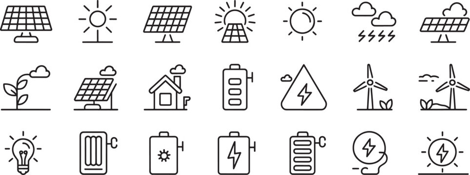 Solar Energy Icons Set with Sun, Photovoltaic Panels, Wind Turbines, and Electric Light Symbols in Black Line Art