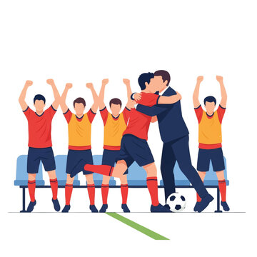 A soccer player running to the touchline to hug his manager after scoring a goal, emotional team bonding, bench players cheering in background, minimalist flat vector artwork, clipart style,