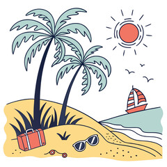 Charming cartoon beach scene with palm trees, sailboat, and luggage, perfect for travel or summer holiday themes © MstAnzila