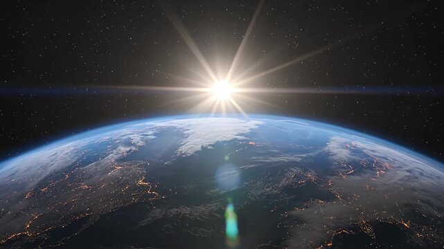 Ultra realistic Earth viewed from low orbit, breathtaking sunrise emerging over the planet horizon