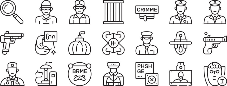 Security Investigator Set with Magnifying Glass, Guards, Crime Badge, and Police Icons in Clean Vector Line Art