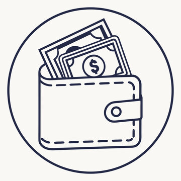 Front view wallet icon with several banknotes tucked inside round frame for budget tracking and expense monitoring software design vector elements