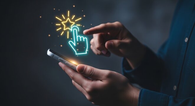 Person interacting with glowing hand icon on smartphone screen in dark background