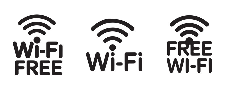 Three different free wifi connection icons with signal strength symbol isolated on gray backdrop.