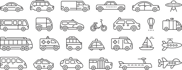 Ambulance Truck, Police Car, and Delivery Van Icons Traced in Black Outline for Transport and Logistics Graphics © omgicon