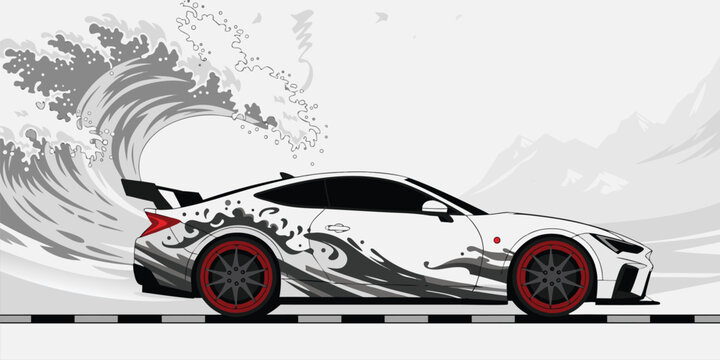 Vector illustration of a white sports car with decals in front of a massive crashing wave