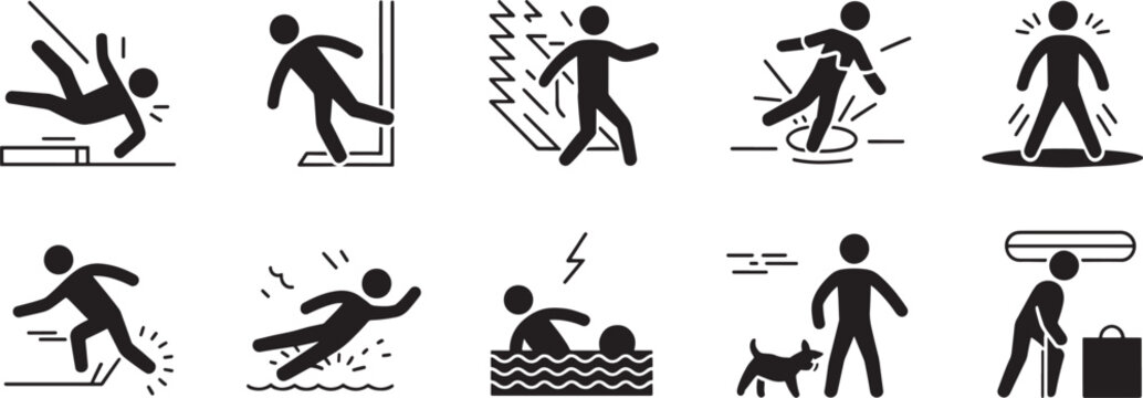 Running Person Danger Pictogram Set with Hazard Symbols for Slips, Shocks, Falls, and Protection Signs