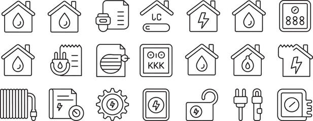 Fototapeta premium Home Energy Efficiency Line Icons with Electrical Charge, Power, and Renewable Droplet Symbols Set Featuring Electricity, Lightning, Charging