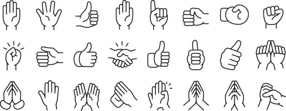 Handshake and Hand Gesture Icon Set with Thumbs Up, Thumbs Down, Peace Sign, Clapping, and High Five Outlines