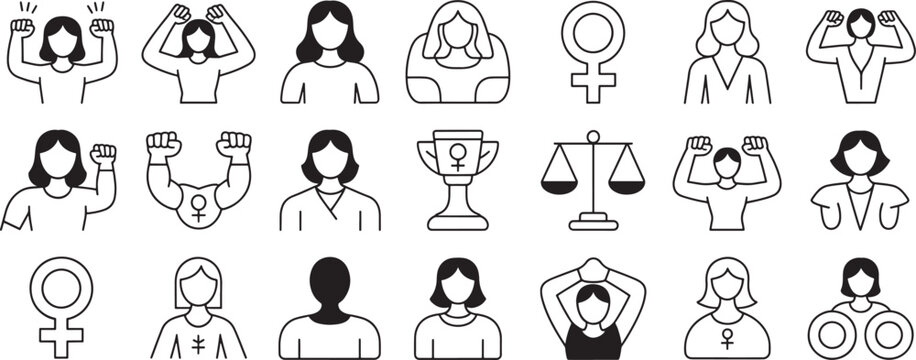 People Gender and Symbol Icons Set with Empowering Poses, Trophies, Equality Signs, and Outlined Gender Symbols