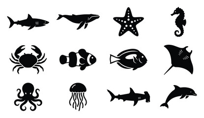 Marine wildlife and underwater biodiversity premium flat black vector icon set featuring shark, whale, starfish, crab, octopus and tropical ocean creatures for coastal and environmental branding © ArtMint