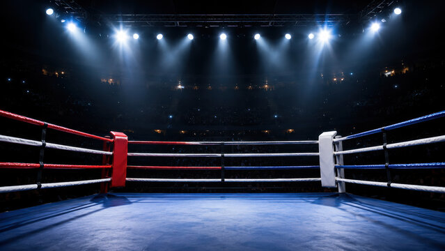 Empty professional boxing ring at night under bright stadium lights for a championship match in a large dark arena