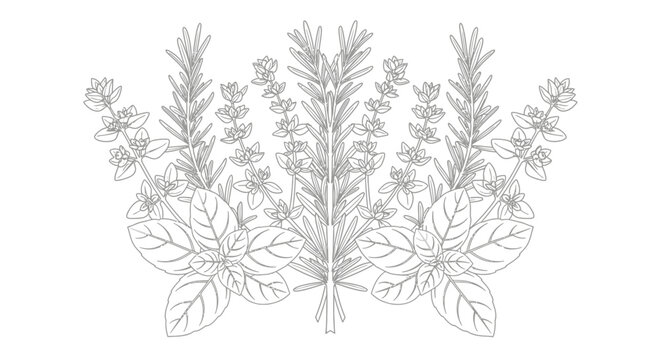 A line drawing of various plants and flowers.