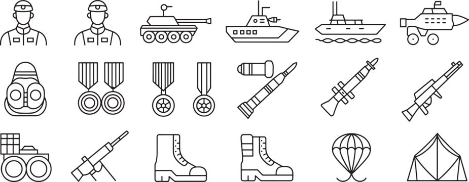 Military Vehicles, Soldiers, Weapons, Medals, and Parachute Icons Set in Simple Line Art Style Featuring Soldier, Tank, Warship with Artillery