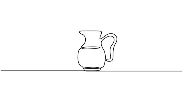 Water jug continuous line drawing animation isolated on white background. Minimalist ceramic pitcher line sketch self-drawing animation for kitchenware web design.