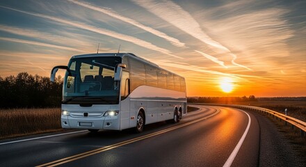 Obraz premium Large white tourist bus driving on highway during vibrant sunset with contrails
