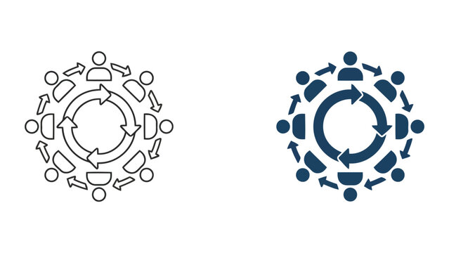 Group of people in circular formation with connecting arrows representing continuous feedback loop and agile team cooperation in modern vector icon set isolated on white background for business
