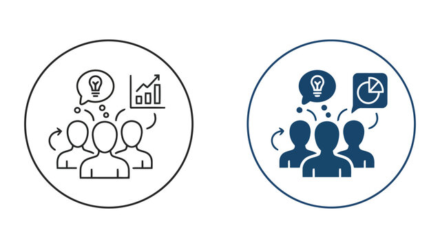 Team idea generation and data analysis vector icon set showing people with lightbulbs and charts for creative business development and collaborative project insights and planning