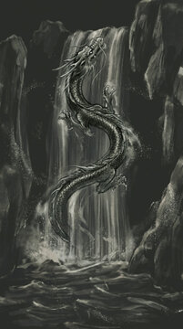 Japanese style dragon climbing a waterfall，
sumi-e ink painting, generative Al