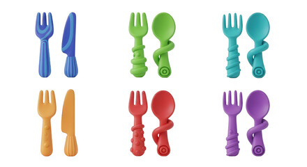 Fototapeta premium colorful 3d rendered cutlery sets with forks knives and spoons presented on a white backdrop for kitchen and dining content