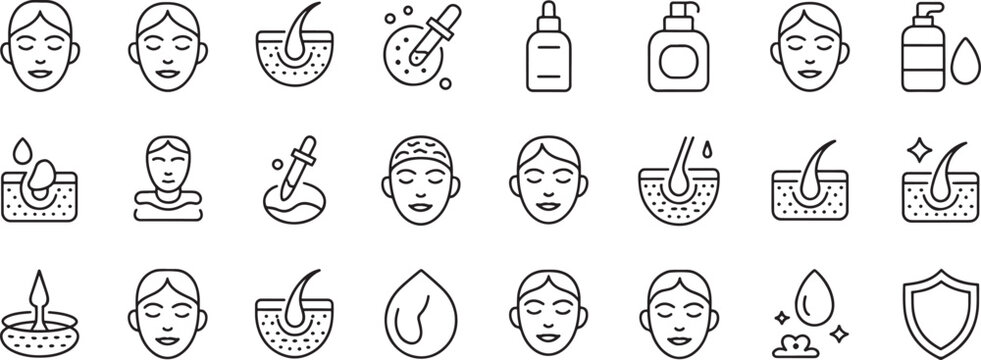 Candle Flame Cleaning and Skincare Icons Traced in Black Line Art with Soap, Oil Bottle, and Water Drops