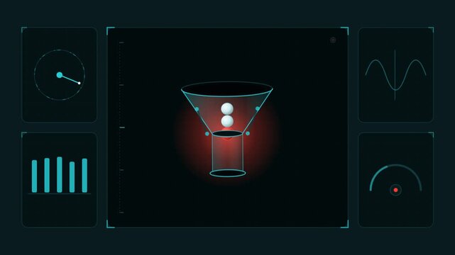 Digital interface showing data particles falling through a funnel
