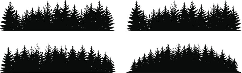 Fototapeta premium Forest silhouette illustration featuring coniferous tree lines with varying canopy shapes and terrain profiles in black outlines