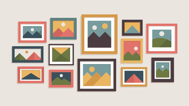 Gallery wall arrangement of diverse framed minimalist landscape paintings featuring colorful mountains and sun motifs.
