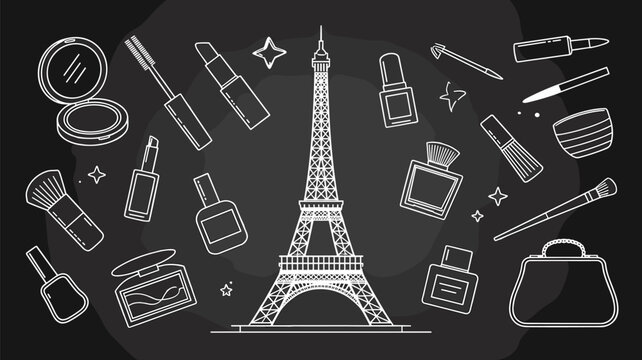 Chalkboard style line art of a paris theme with the eiffel tower surrounded by various makeup and beauty product icons.