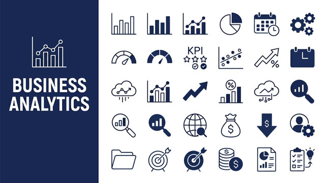 Set of dark blue business analytics icons featuring various charts graphs and essential financial symbols