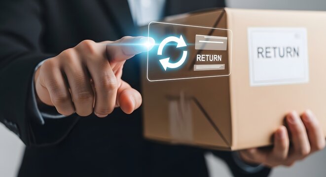 Streamlined Online Shopping Returns Business Professional Activating Digital Return Process for E-commerce Package, Emphasizing Customer Convenience and Efficient Logistics