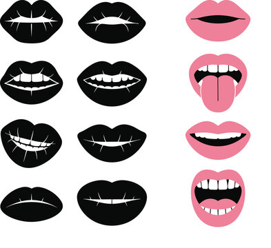 Stylized lips and mouth illustrations in black and pink showing diverse facial expressions including smiles, open lips, and playful gestures