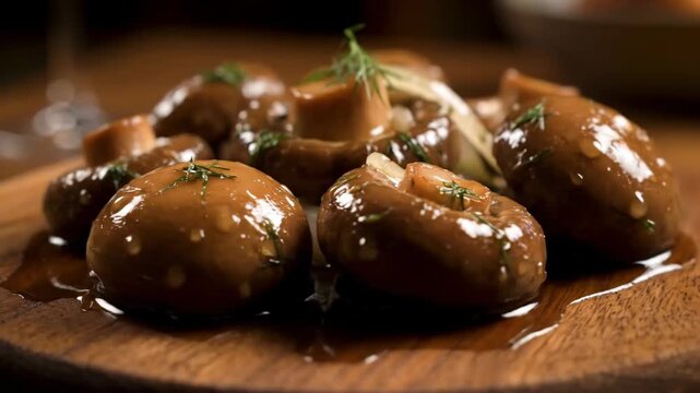 Close-up of gourmet glazed button mushrooms marinated in savory sauce and garnished with fresh dill, served on a rustic wooden platter.