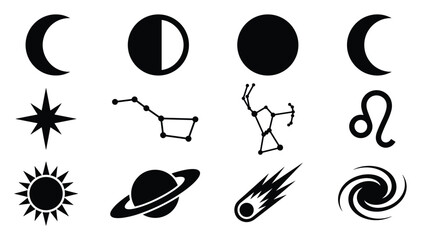 Space and astronomy flat black vector icon set with moon phases, sun, planet, constellation, comet and celestial observation symbols for science and education design © ArtMint
