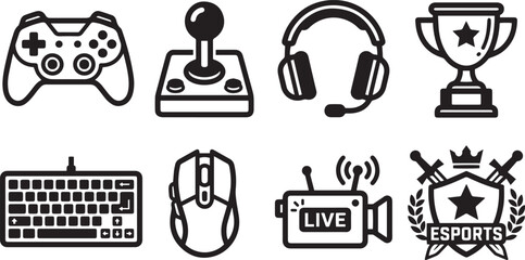 Gaming Esports Icon Set Game Controller Joystick Headset Trophy Keyboard Mouse Live Stream Vector Modern Outline Icon Collection © Mst Sumi