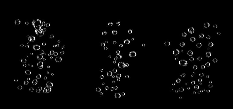 Air bubbles isolated on black background with underwater oxygen effect. Fresh water splash texture, transparent liquid bubbles, soda fizz and abstract aqua elements for design and graphic overlay.
