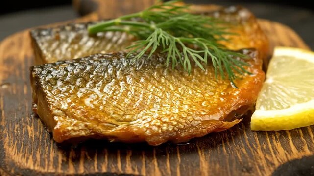 Close-up of golden smoked fish fillets served on a rustic wooden board, garnished with fresh dill and a slice of lemon. appetizing seafood delicacy.