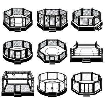 Set of mma fighting ring icons with cage fence for martial arts competition and combat sports event design