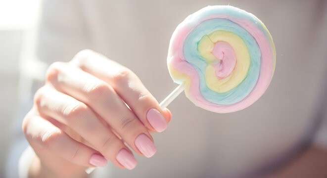 A woman holds a colorful lollipop in her hand with pink nails.